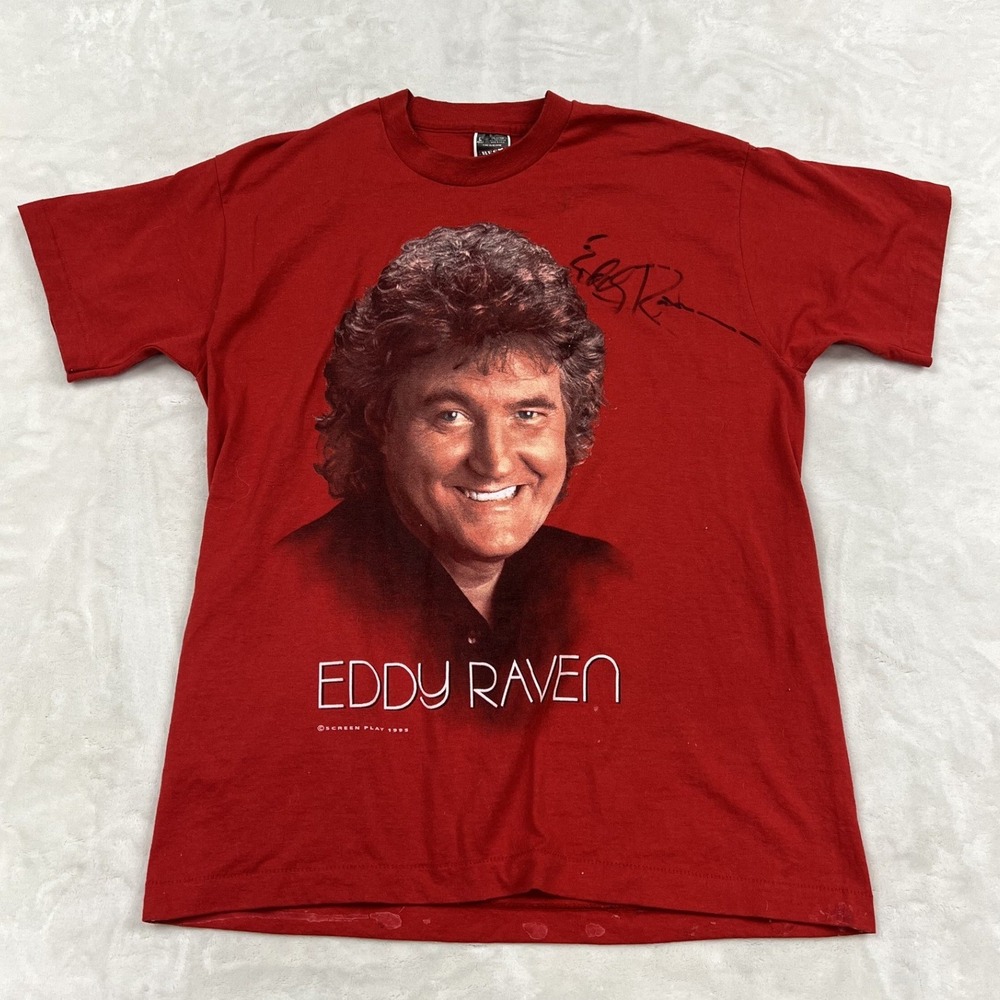 Fruit of the Loom Eddy Raven T-Shirt Mens L Red 1993 Vintage Country Music Tee
